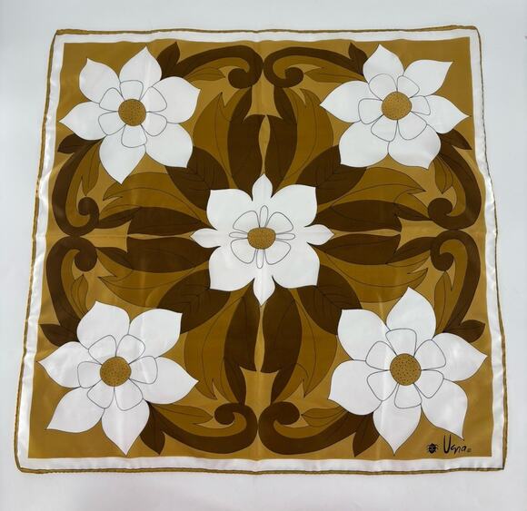Uena Accessories - Vintage Uena Scarf Womens Brown White Floral Blossoms Square Silk Retro Sheer